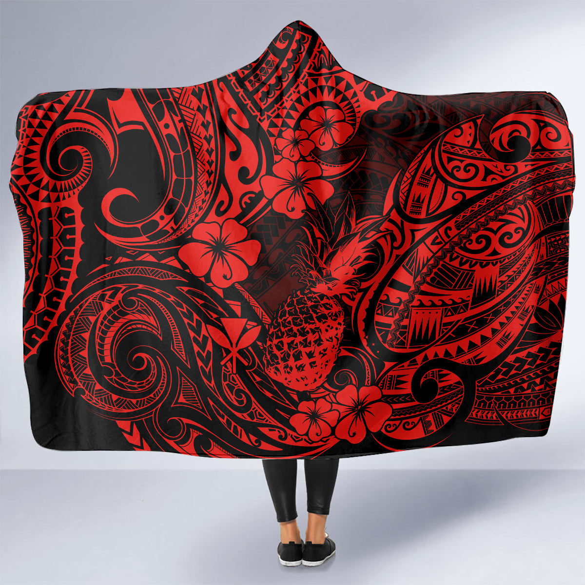 hawaii-pineapple-hooded-blanket-polynesian-pattern-red-version