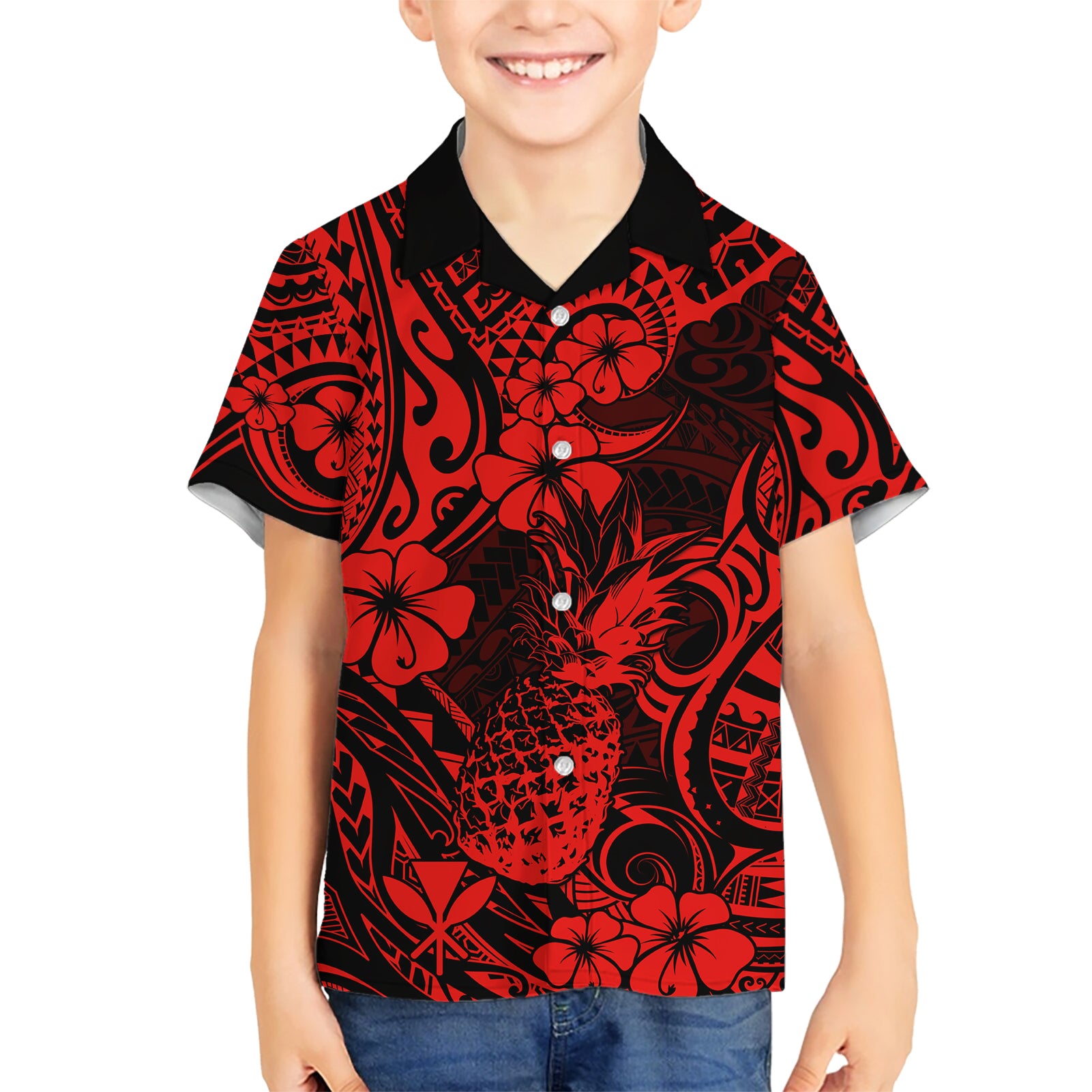 Hawaii Pineapple Kid Hawaiian Shirt Polynesian Pattern Red Version - Wonder Print Shop