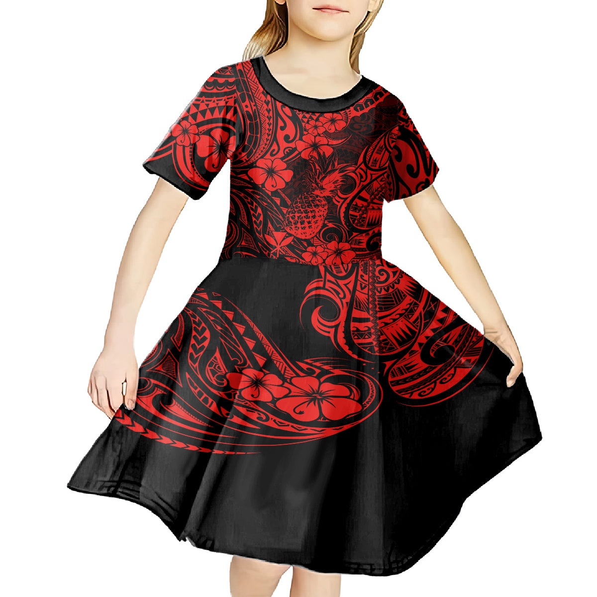 Hawaii Pineapple Kid Short Sleeve Dress Polynesian Pattern Red Version - Wonder Print Shop