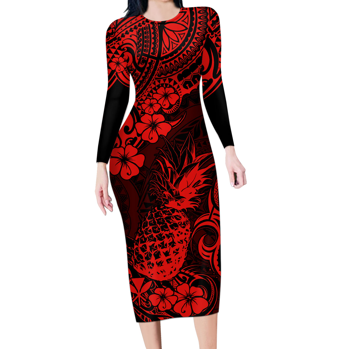 Hawaii Pineapple Long Sleeve Bodycon Dress Polynesian Pattern Red Version - Wonder Print Shop