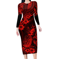 Hawaii Pineapple Long Sleeve Bodycon Dress Polynesian Pattern Red Version - Wonder Print Shop