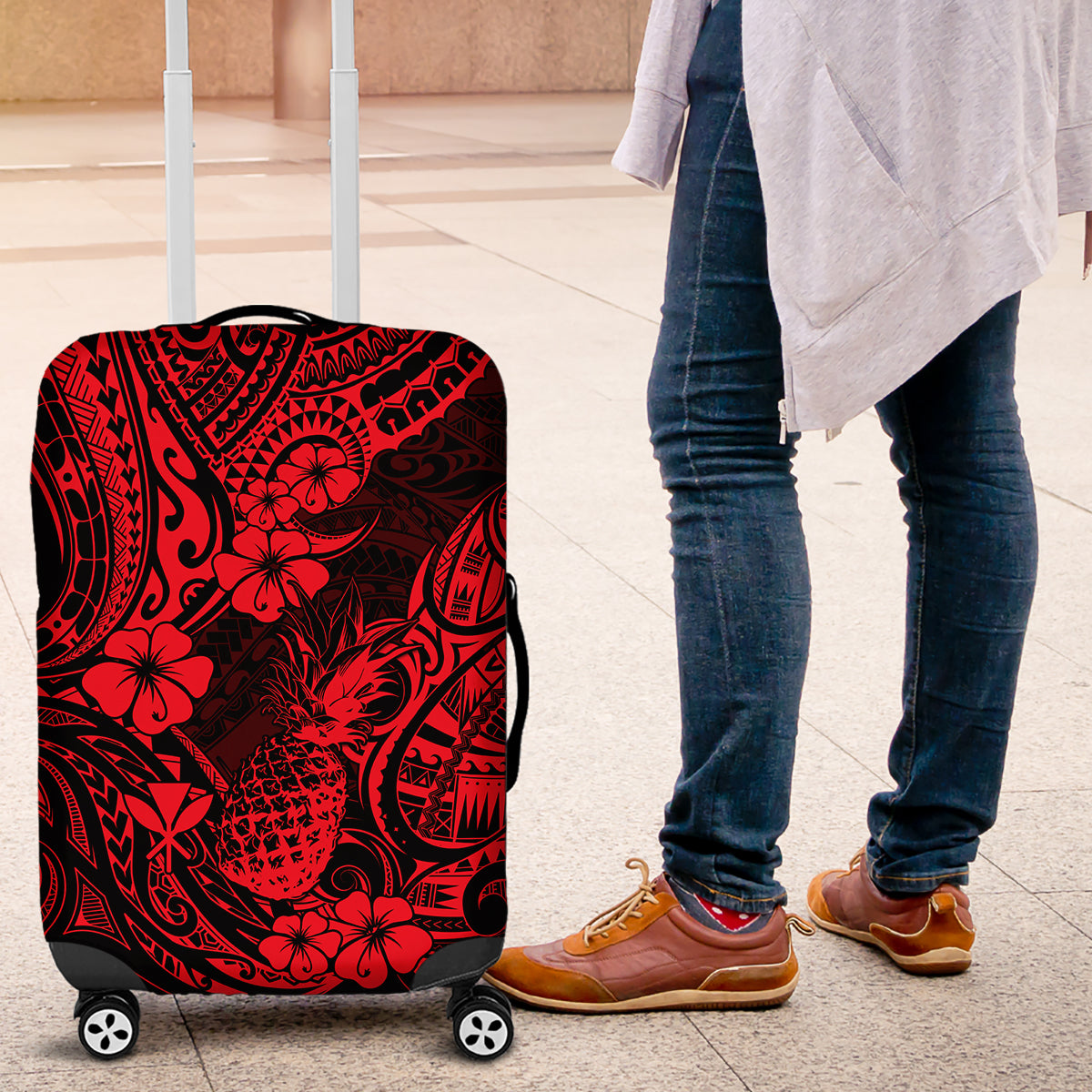 Hawaii Pineapple Luggage Cover Polynesian Pattern Red Version - Wonder Print Shop