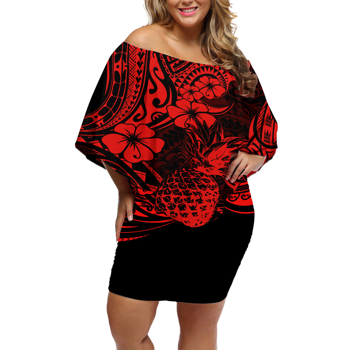 Hawaii Pineapple Off Shoulder Short Dress Polynesian Pattern Red Version - Wonder Print Shop