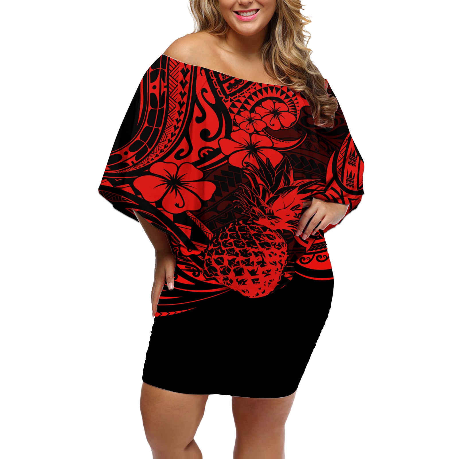 Hawaii Pineapple Off Shoulder Short Dress Polynesian Pattern Red Version - Wonder Print Shop