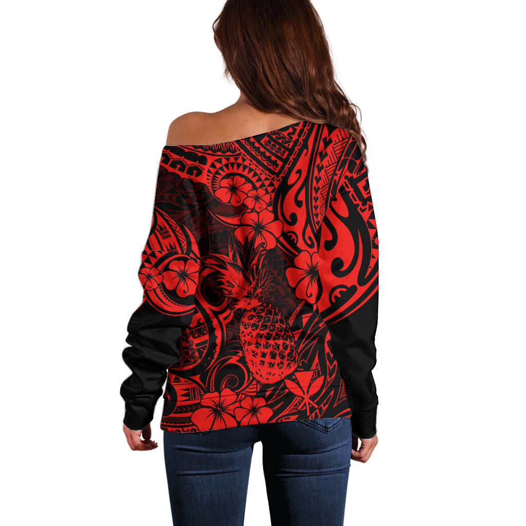 Hawaii Pineapple Off Shoulder Sweater Polynesian Pattern Red Version - Wonder Print Shop