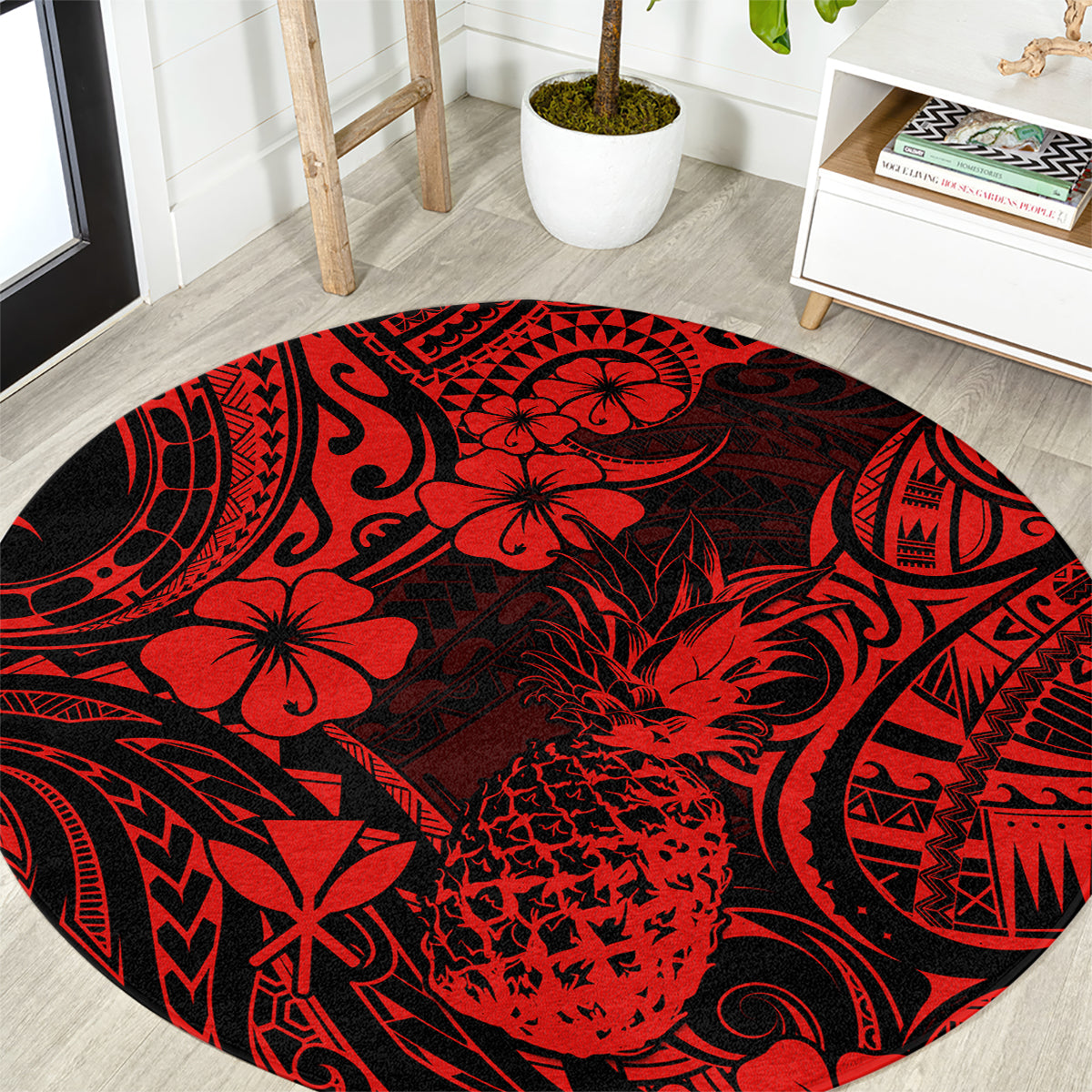 hawaii-pineapple-round-carpet-polynesian-pattern-red-version