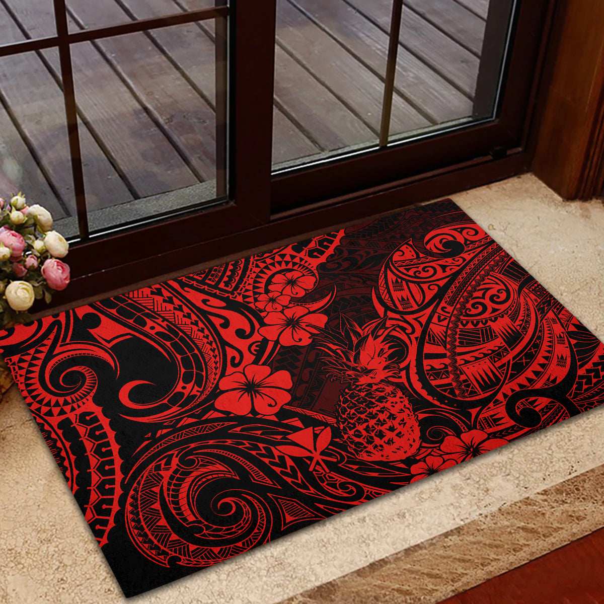 Hawaii Pineapple Rubber Doormat Polynesian Pattern Red Version - Wonder Print Shop