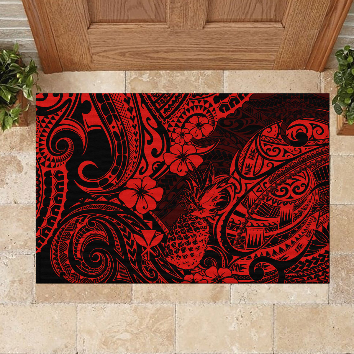 Hawaii Pineapple Rubber Doormat Polynesian Pattern Red Version - Wonder Print Shop