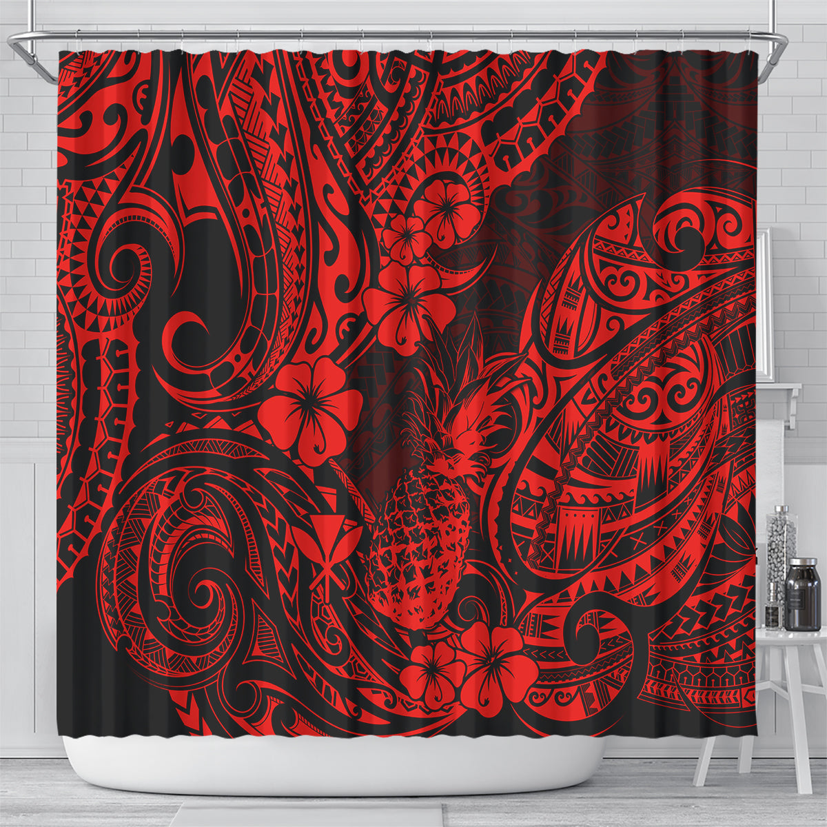 hawaii-pineapple-shower-curtain-polynesian-pattern-red-version