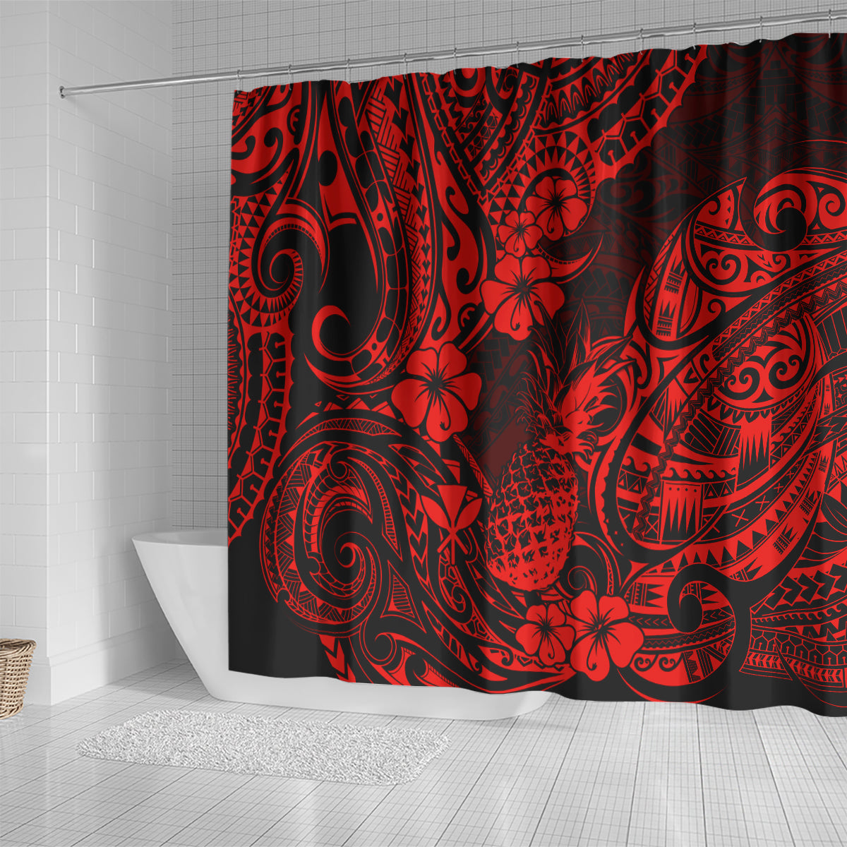 hawaii-pineapple-shower-curtain-polynesian-pattern-red-version