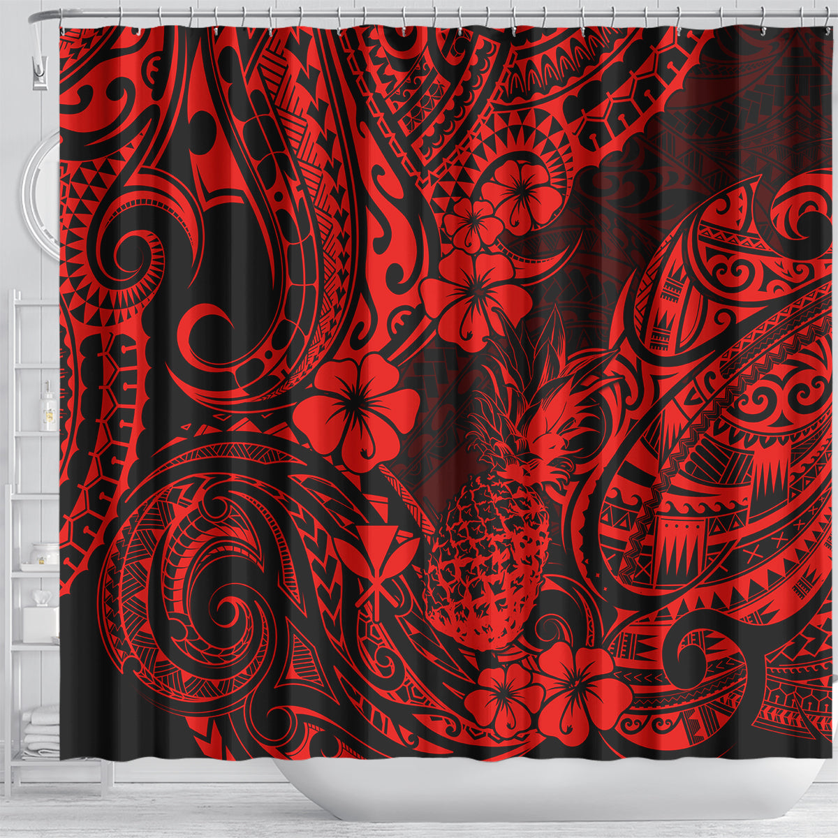hawaii-pineapple-shower-curtain-polynesian-pattern-red-version
