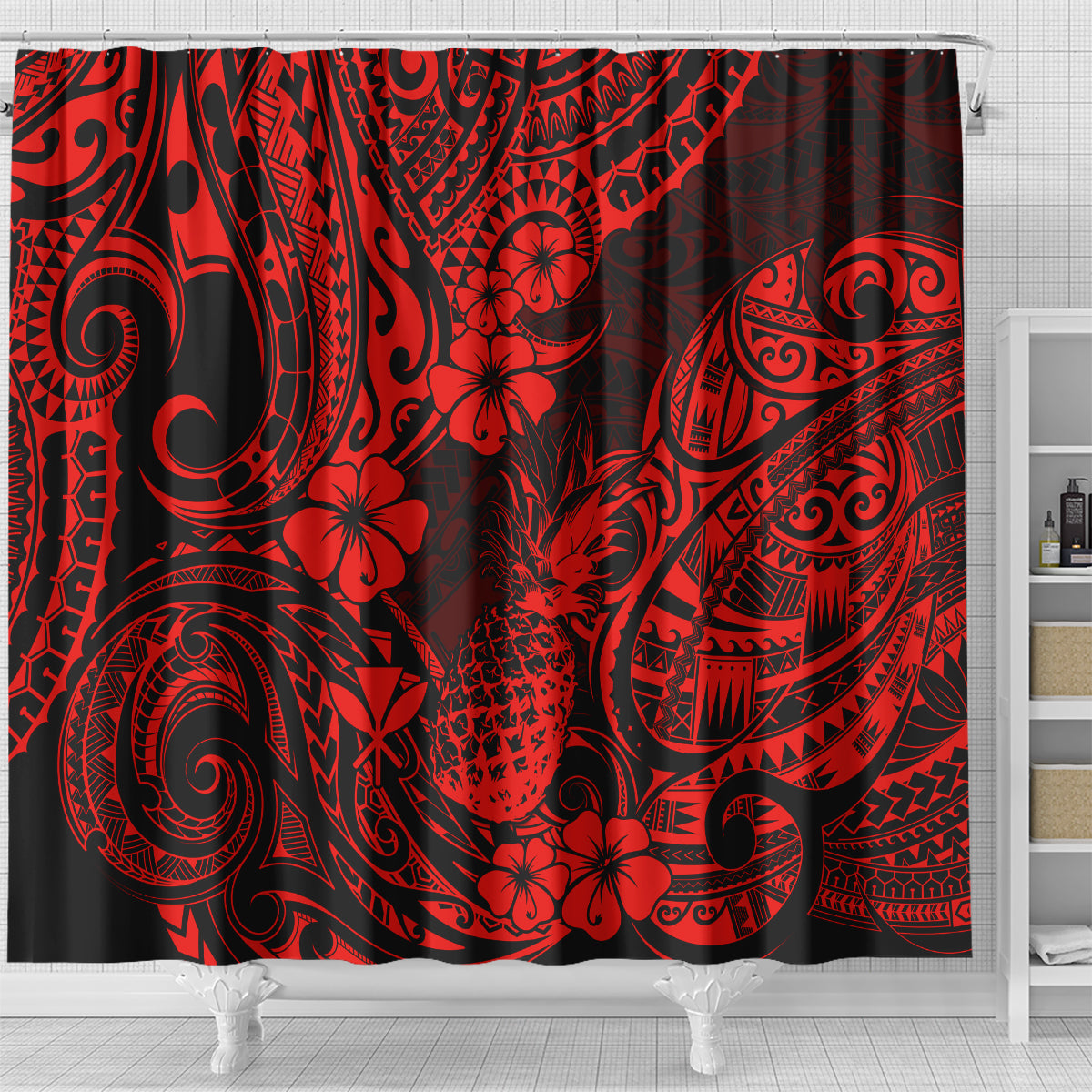 hawaii-pineapple-shower-curtain-polynesian-pattern-red-version