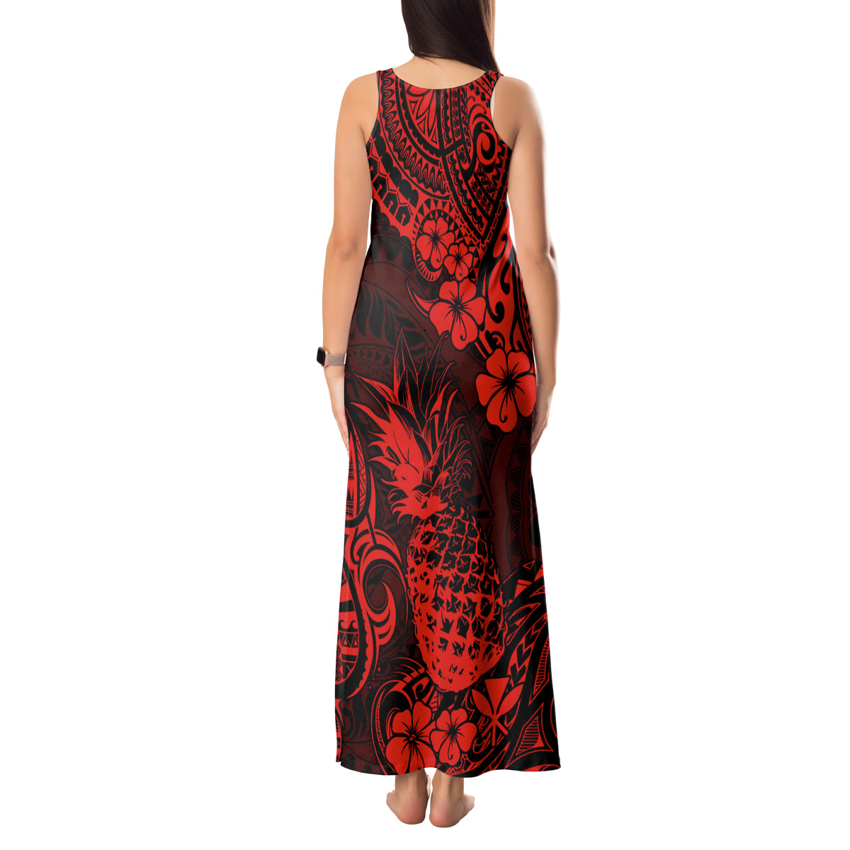 Hawaii Pineapple Tank Maxi Dress Polynesian Pattern Red Version - Wonder Print Shop