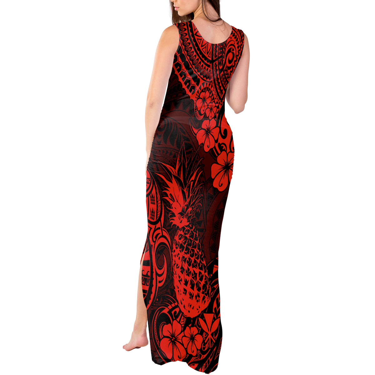 Hawaii Pineapple Tank Maxi Dress Polynesian Pattern Red Version - Wonder Print Shop