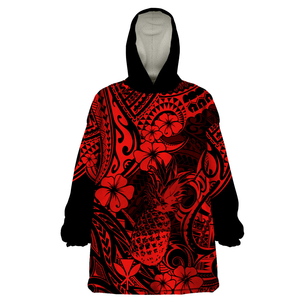 Hawaii Pineapple Wearable Blanket Hoodie Polynesian Pattern Red Version - Wonder Print Shop