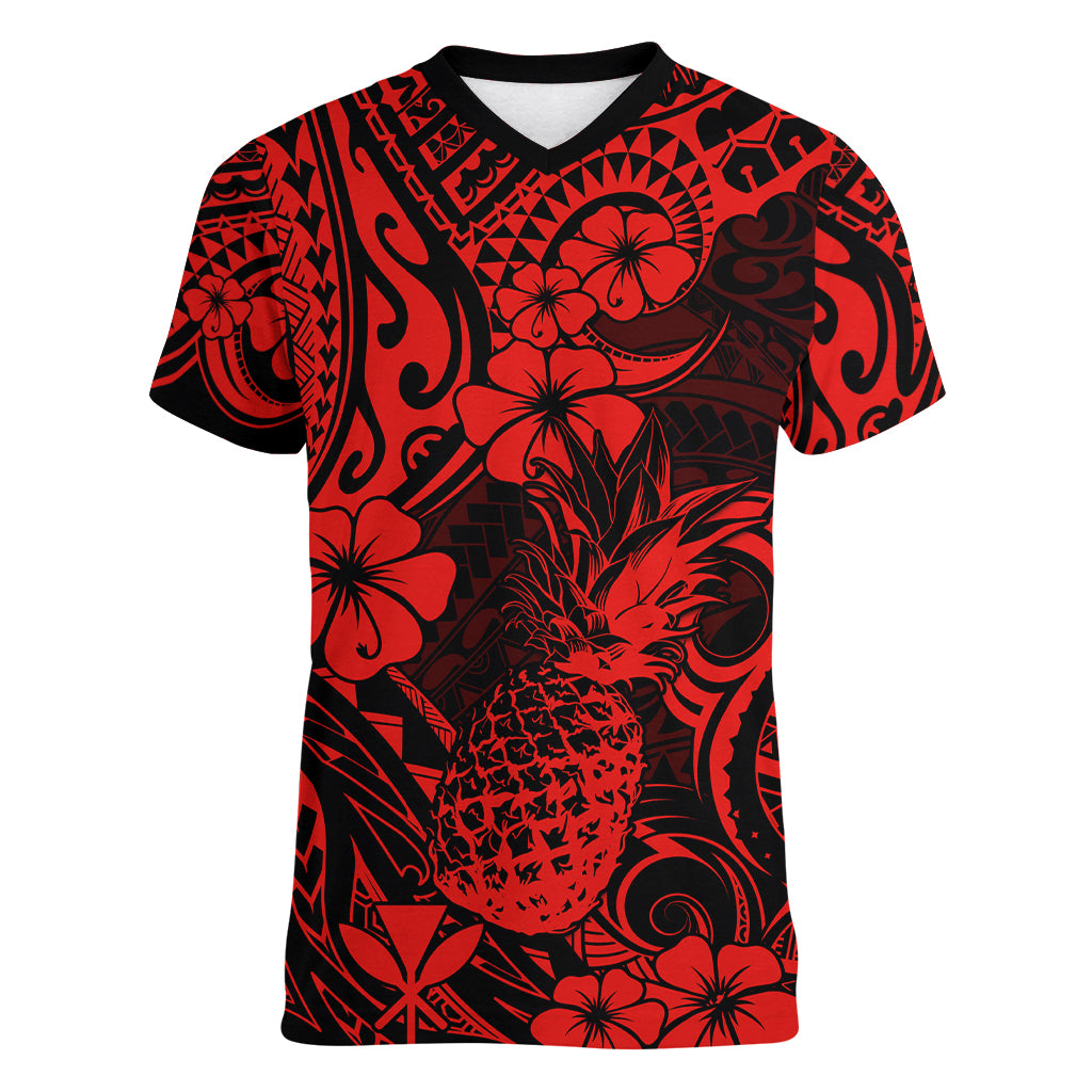 Hawaii Pineapple Women V Neck T Shirt Polynesian Pattern Red Version - Wonder Print Shop