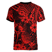 Hawaii Pineapple Women V Neck T Shirt Polynesian Pattern Red Version - Wonder Print Shop