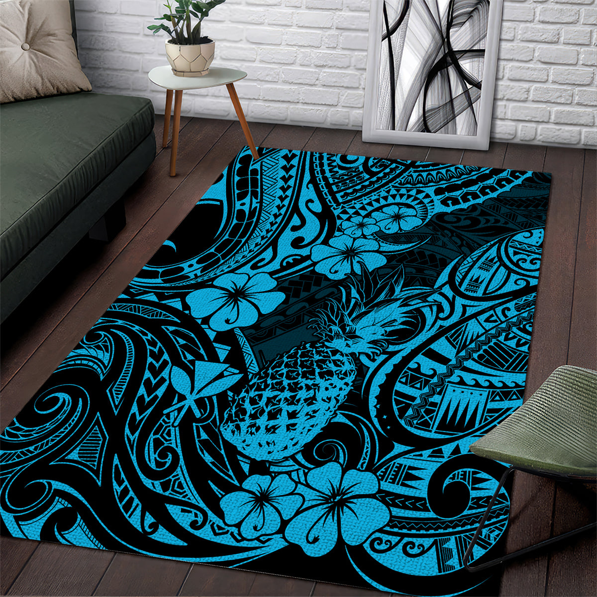 Hawaii Pineapple Area Rug Polynesian Pattern Sky Blue Version - Wonder Print Shop