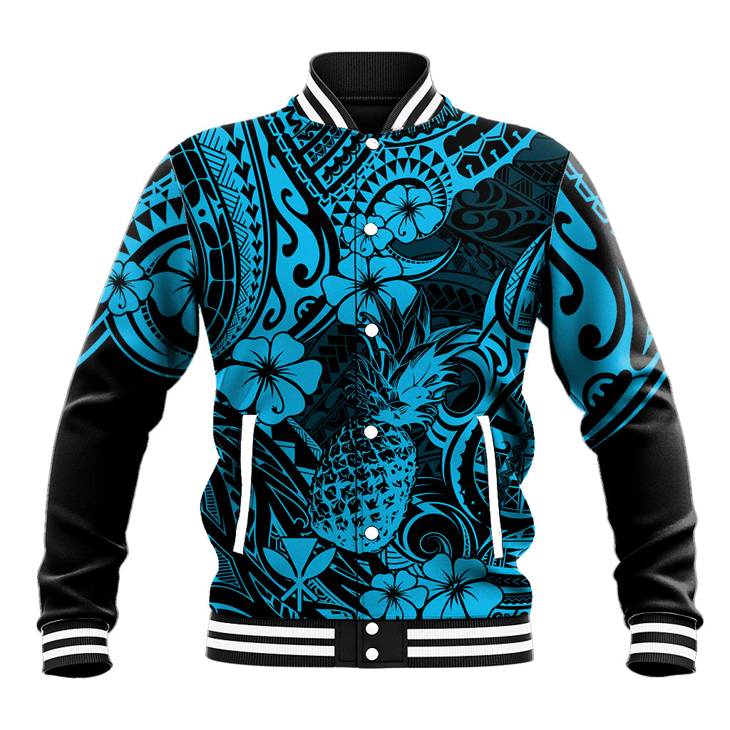 Hawaii Pineapple Baseball Jacket Polynesian Pattern Sky Blue Version - Wonder Print Shop