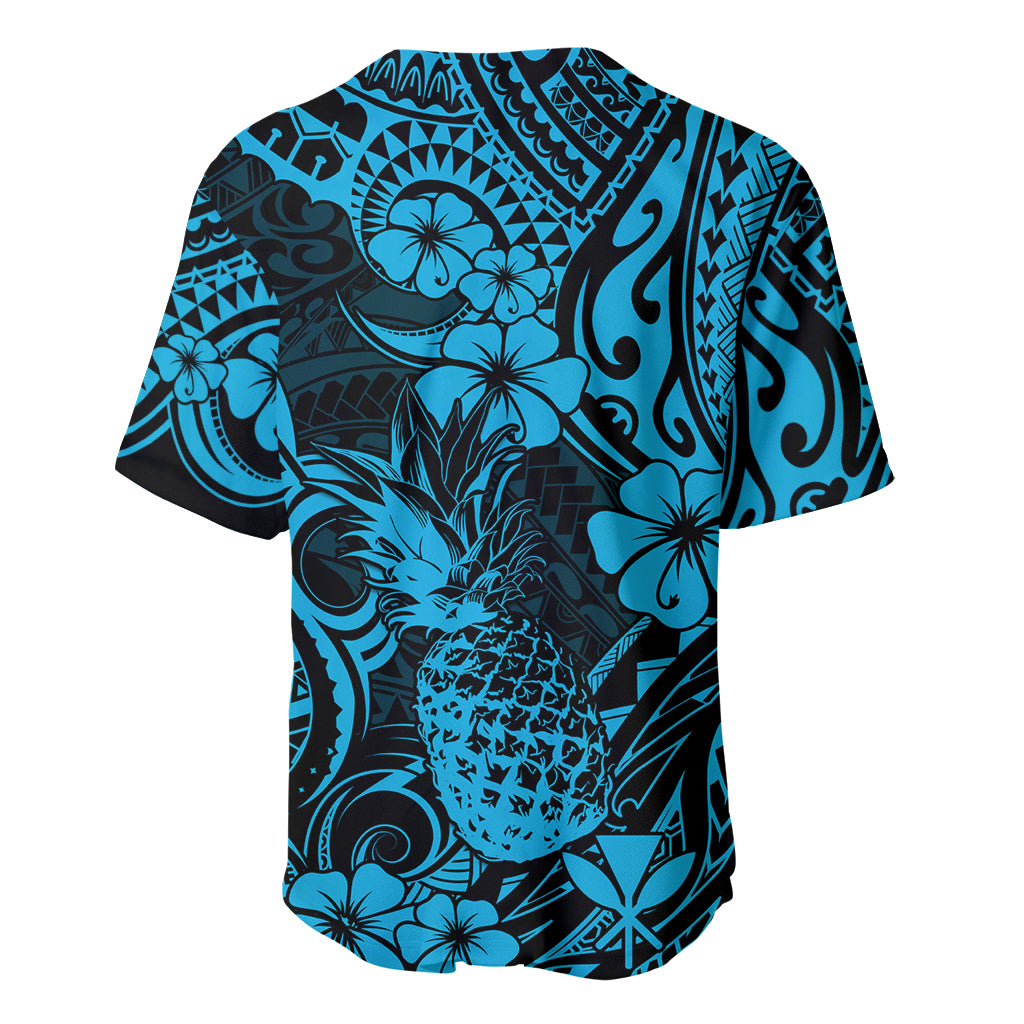 Hawaii Pineapple Baseball Jersey Polynesian Pattern Sky Blue Version - Wonder Print Shop