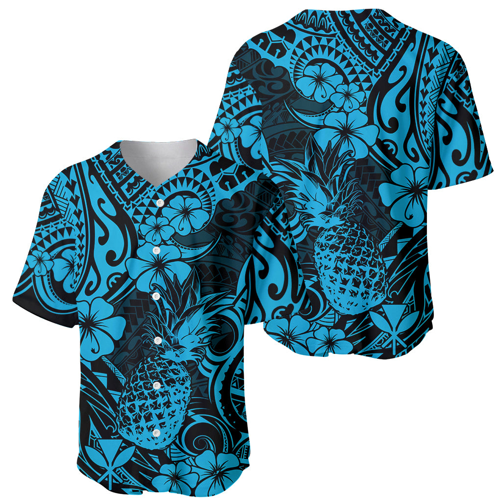 Hawaii Pineapple Baseball Jersey Polynesian Pattern Sky Blue Version - Wonder Print Shop