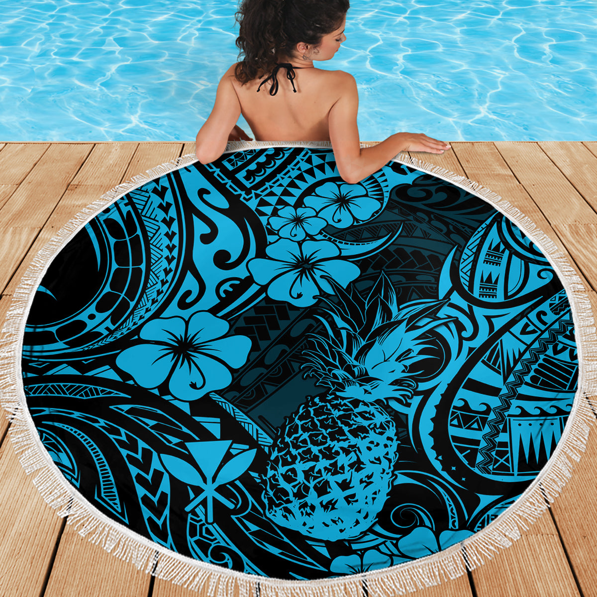 Hawaii Pineapple Beach Blanket Polynesian Pattern Sky Blue Version - Wonder Print Shop