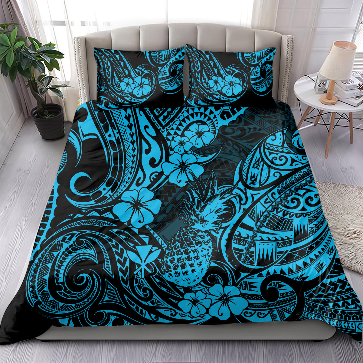 Hawaii Pineapple Bedding Set Polynesian Pattern Sky Blue Version - Wonder Print Shop