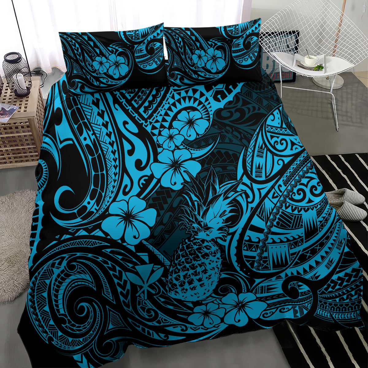 Hawaii Pineapple Bedding Set Polynesian Pattern Sky Blue Version - Wonder Print Shop