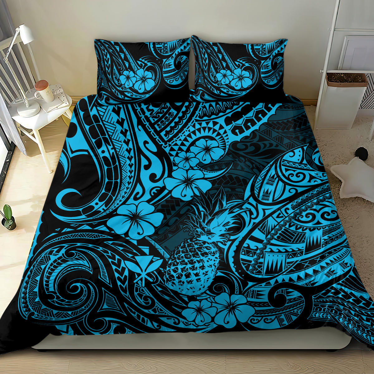 Hawaii Pineapple Bedding Set Polynesian Pattern Sky Blue Version - Wonder Print Shop