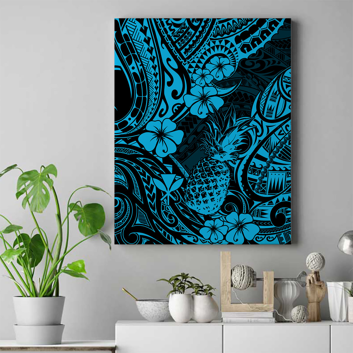 Hawaii Pineapple Canvas Wall Art Polynesian Pattern Sky Blue Version - Wonder Print Shop