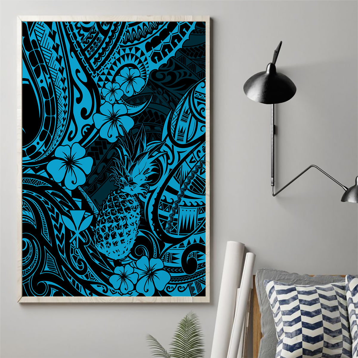Hawaii Pineapple Canvas Wall Art Polynesian Pattern Sky Blue Version - Wonder Print Shop