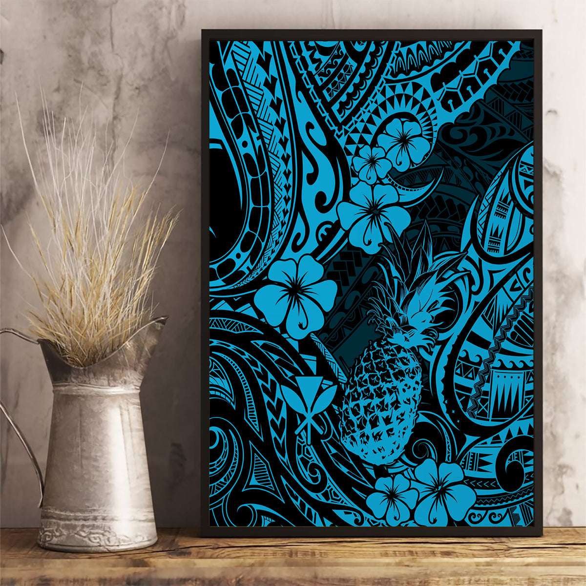Hawaii Pineapple Canvas Wall Art Polynesian Pattern Sky Blue Version - Wonder Print Shop
