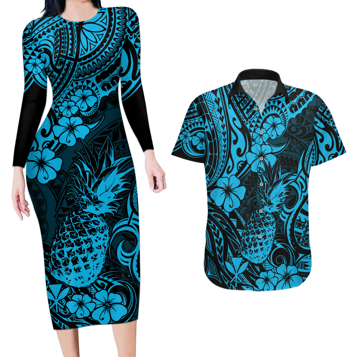 Hawaii Pineapple Couples Matching Long Sleeve Bodycon Dress and Hawaiian Shirt Polynesian Pattern Sky Blue Version - Wonder Print Shop