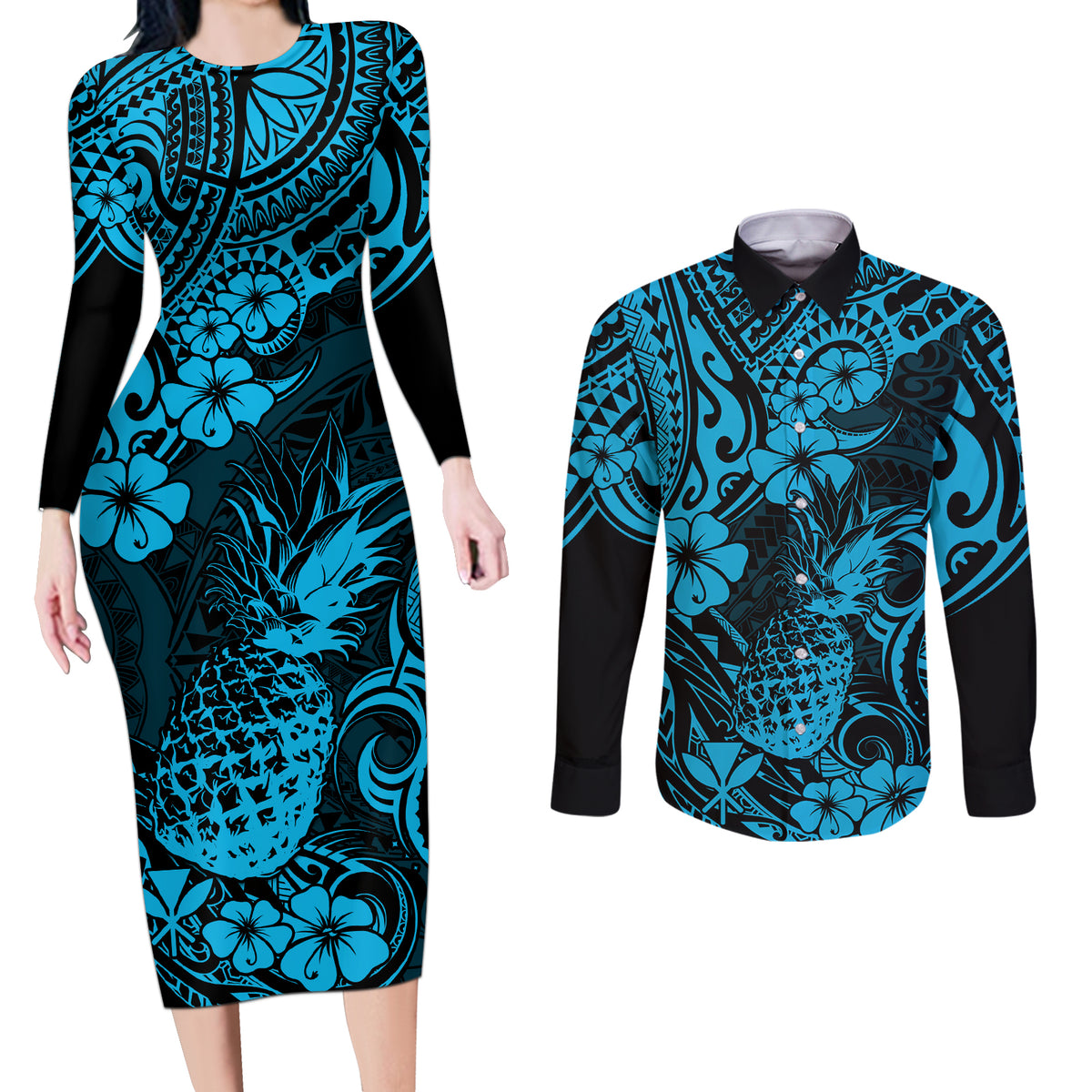 Hawaii Pineapple Couples Matching Long Sleeve Bodycon Dress and Long Sleeve Button Shirts Polynesian Pattern Sky Blue Version - Wonder Print Shop