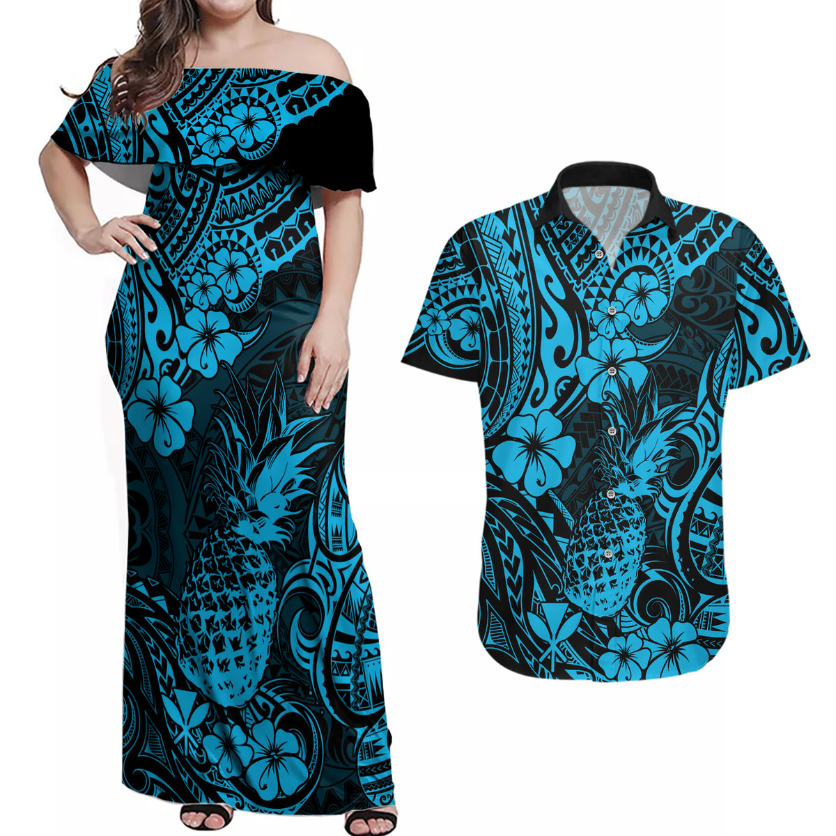 Hawaii Pineapple Couples Matching Off Shoulder Maxi Dress and Hawaiian Shirt Polynesian Pattern Sky Blue Version - Wonder Print Shop