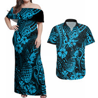 Hawaii Pineapple Couples Matching Off Shoulder Maxi Dress and Hawaiian Shirt Polynesian Pattern Sky Blue Version - Wonder Print Shop