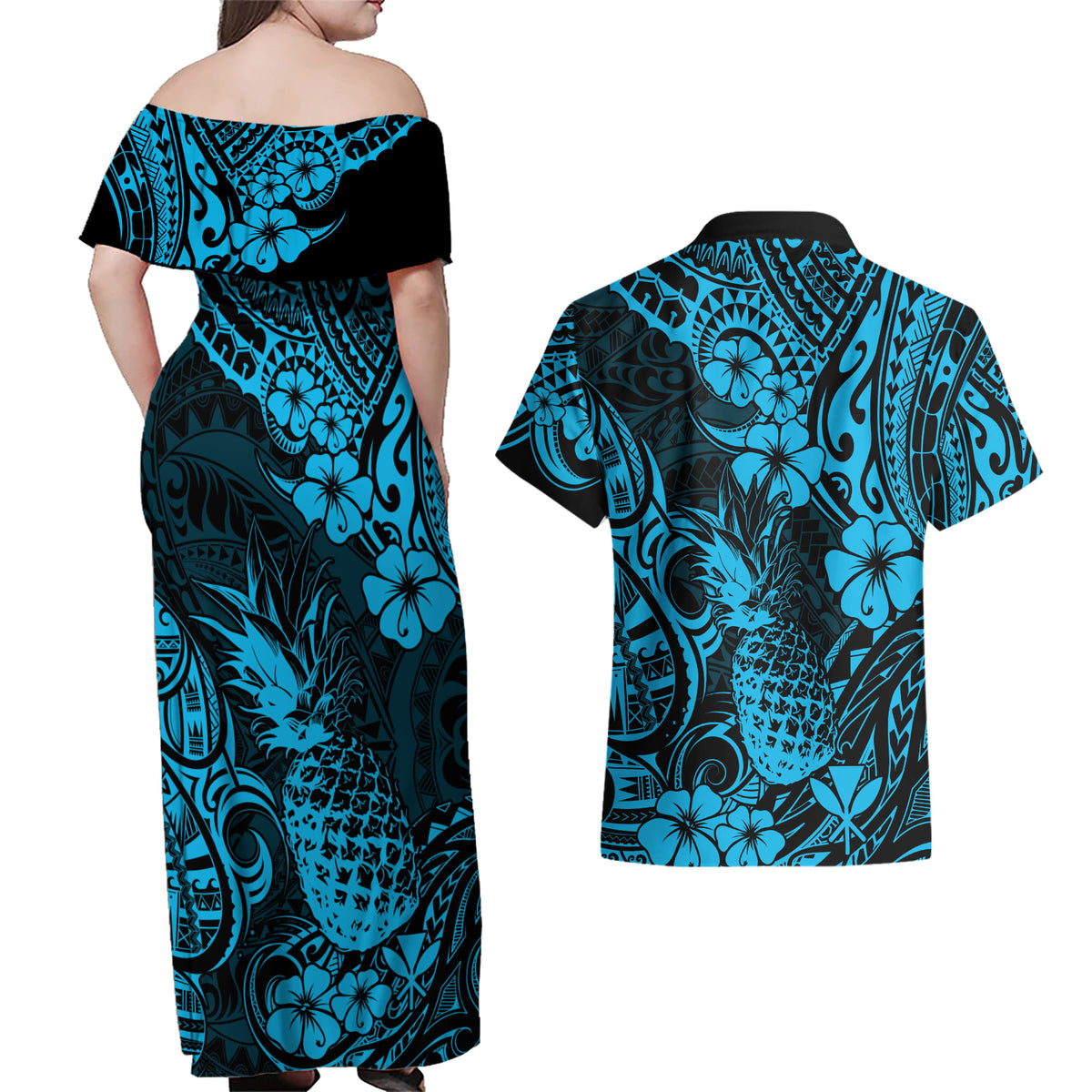Hawaii Pineapple Couples Matching Off Shoulder Maxi Dress and Hawaiian Shirt Polynesian Pattern Sky Blue Version - Wonder Print Shop