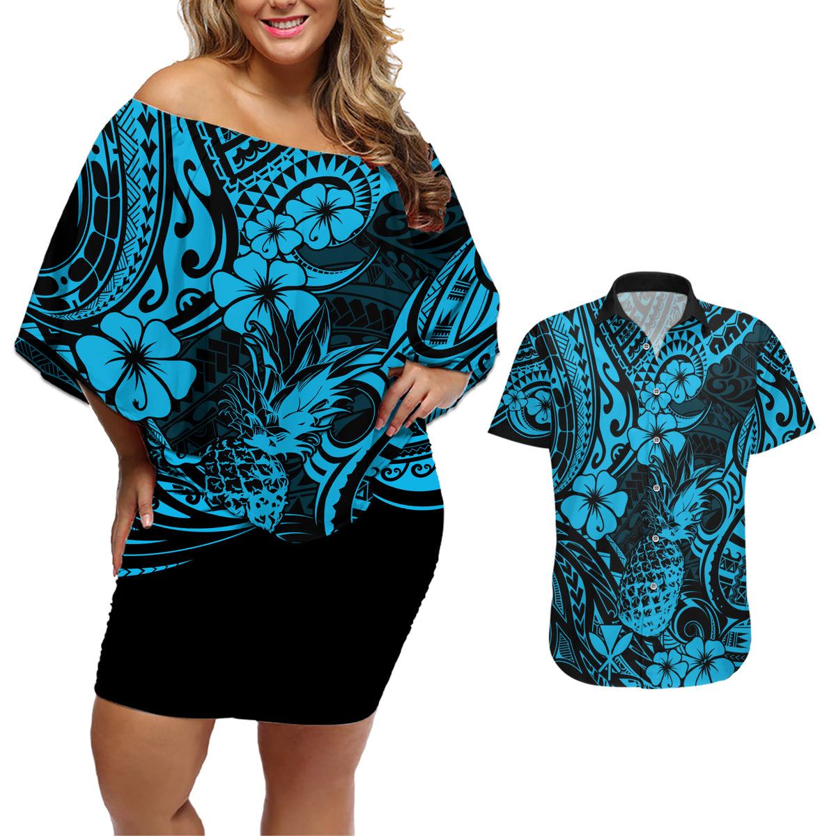 Hawaii Pineapple Couples Matching Off Shoulder Short Dress and Hawaiian Shirt Polynesian Pattern Sky Blue Version - Wonder Print Shop
