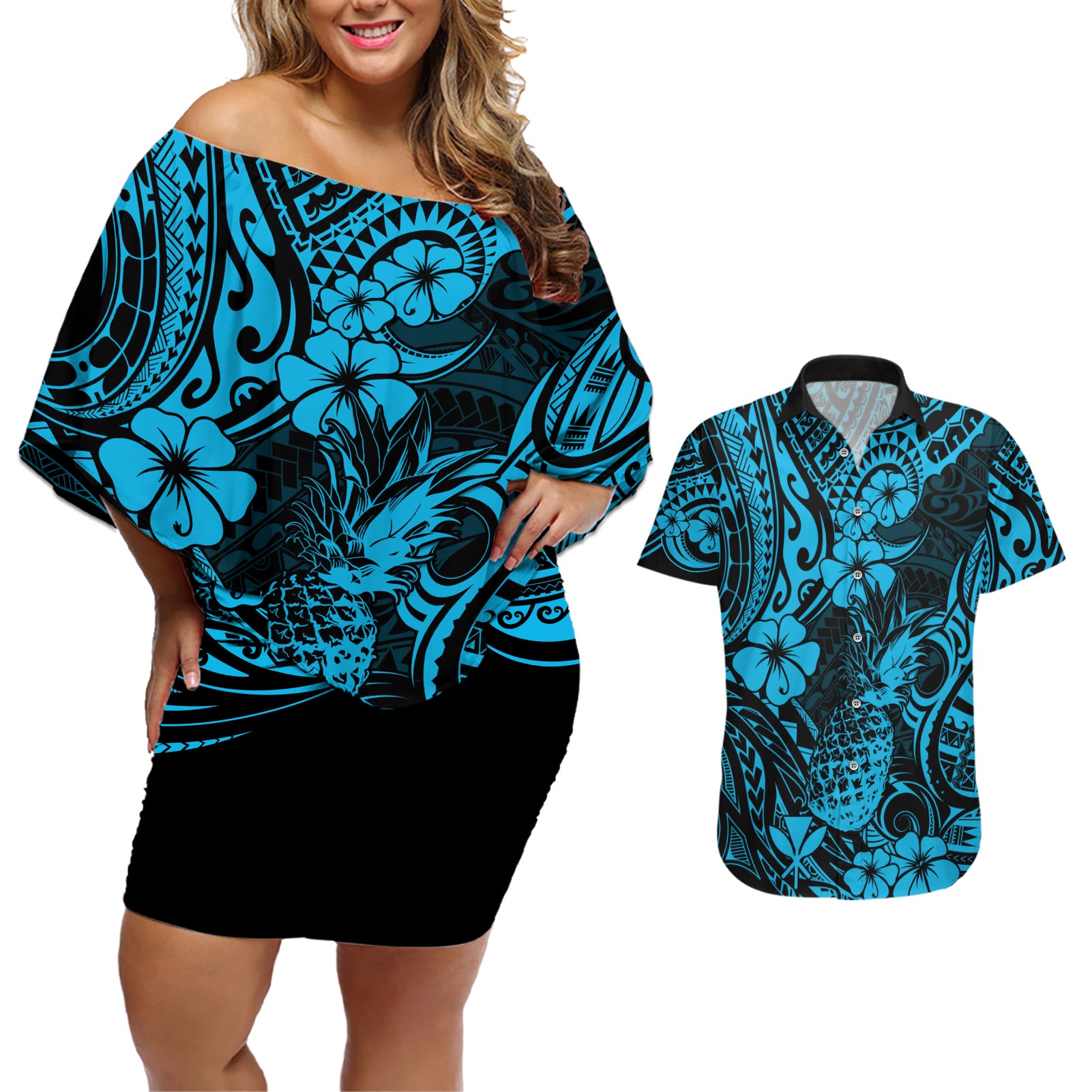 Hawaii Pineapple Couples Matching Off Shoulder Short Dress and Hawaiian Shirt Polynesian Pattern Sky Blue Version - Wonder Print Shop