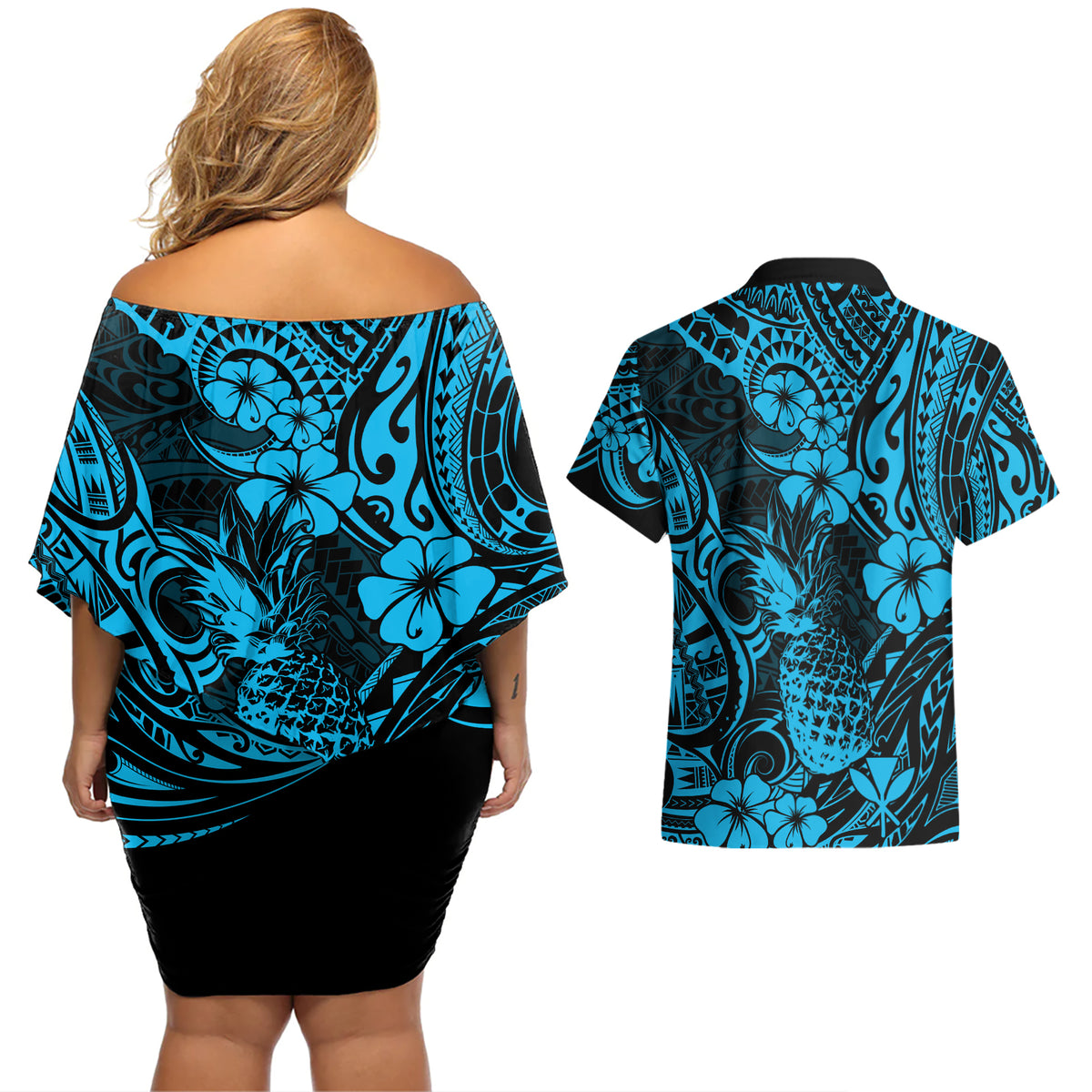 Hawaii Pineapple Couples Matching Off Shoulder Short Dress and Hawaiian Shirt Polynesian Pattern Sky Blue Version - Wonder Print Shop