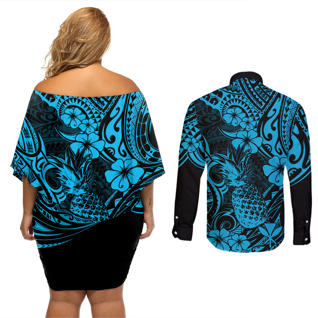 Hawaii Pineapple Couples Matching Off Shoulder Short Dress and Long Sleeve Button Shirts Polynesian Pattern Sky Blue Version - Wonder Print Shop