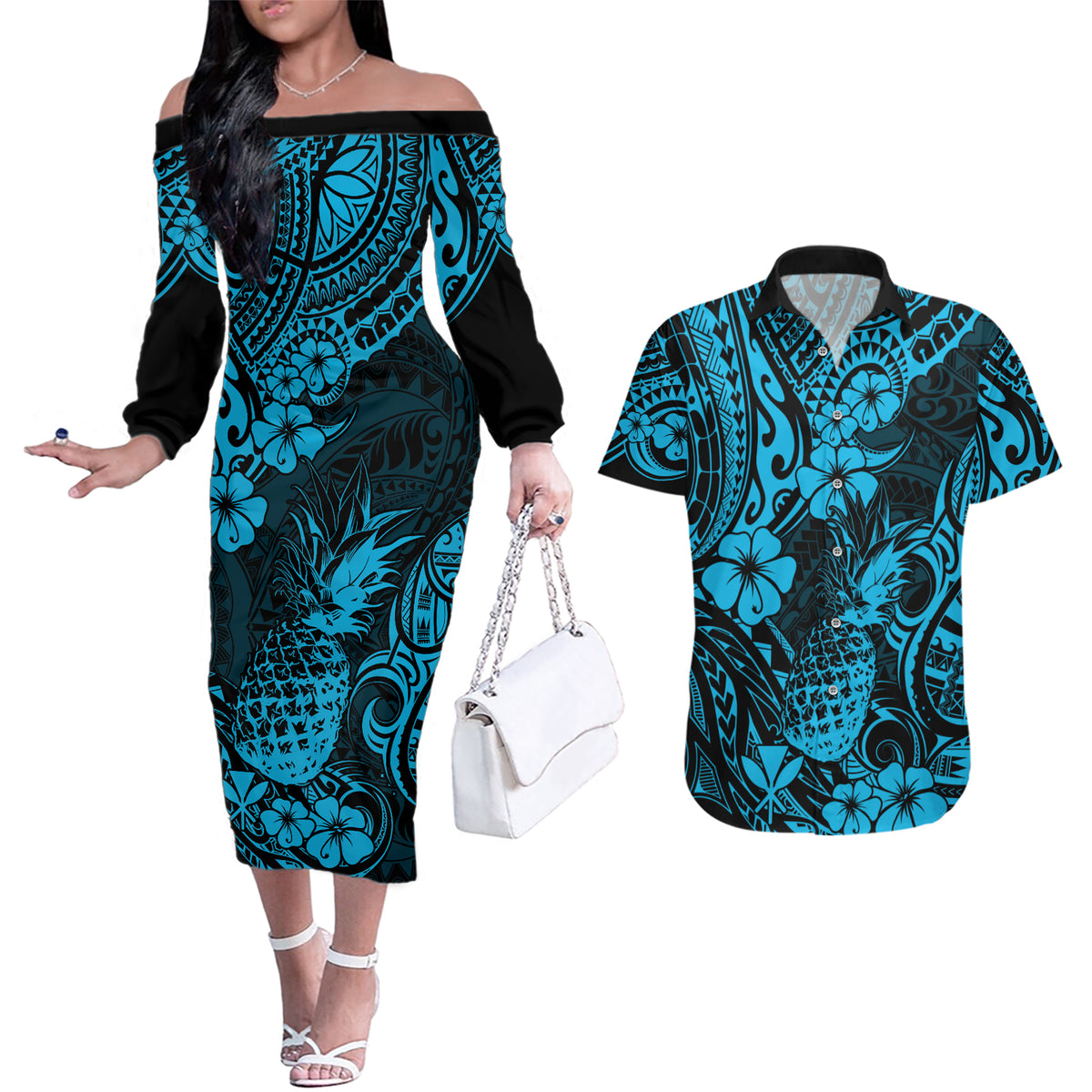 Hawaii Pineapple Couples Matching Off The Shoulder Long Sleeve Dress and Hawaiian Shirt Polynesian Pattern Sky Blue Version - Wonder Print Shop