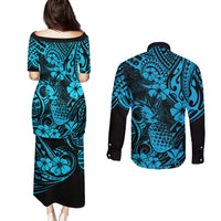 Hawaii Pineapple Couples Matching Puletasi Dress and Long Sleeve Button Shirts Polynesian Pattern Sky Blue Version - Wonder Print Shop