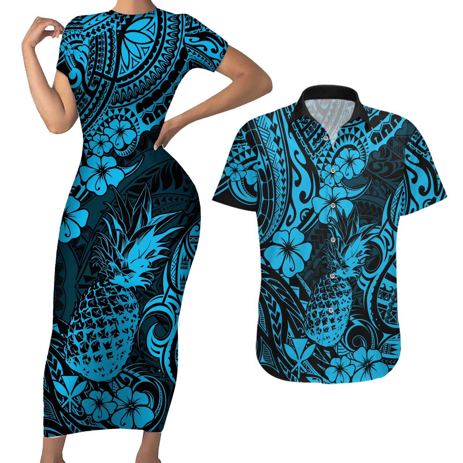 Hawaii Pineapple Couples Matching Short Sleeve Bodycon Dress and Hawaiian Shirt Polynesian Pattern Sky Blue Version - Wonder Print Shop