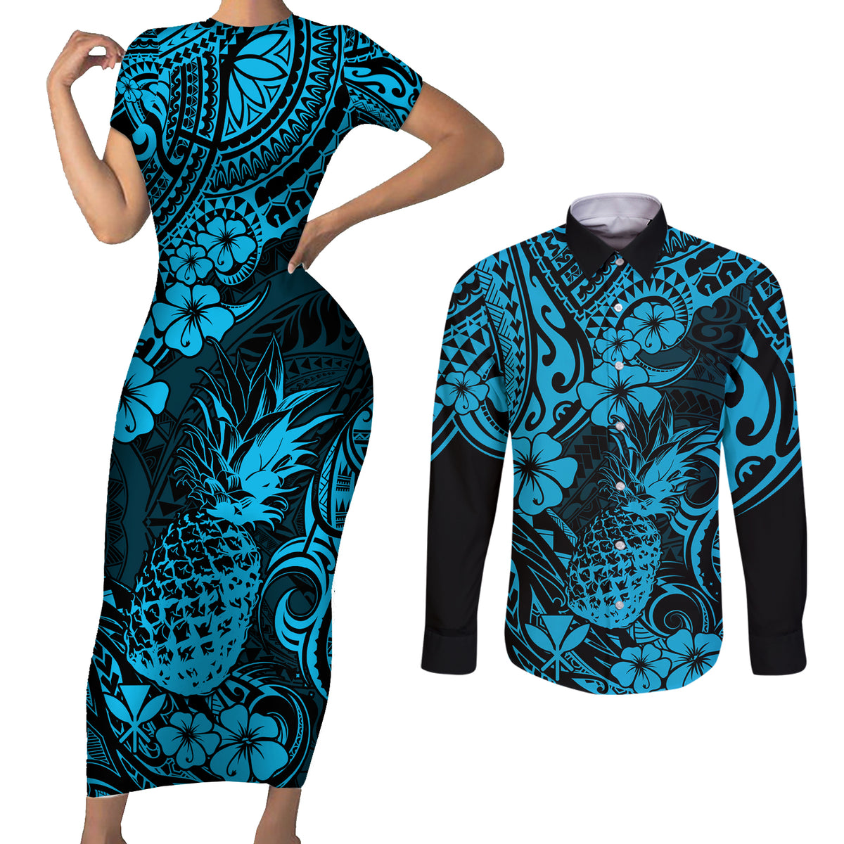 Hawaii Pineapple Couples Matching Short Sleeve Bodycon Dress and Long Sleeve Button Shirts Polynesian Pattern Sky Blue Version - Wonder Print Shop