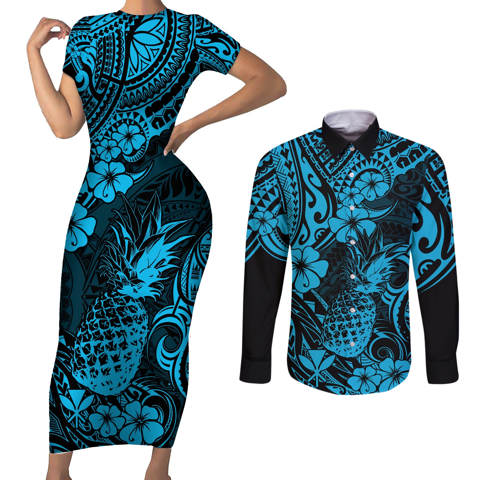 Hawaii Pineapple Couples Matching Short Sleeve Bodycon Dress and Long Sleeve Button Shirts Polynesian Pattern Sky Blue Version - Wonder Print Shop