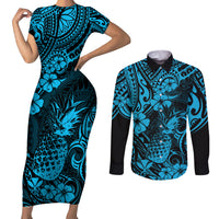 Hawaii Pineapple Couples Matching Short Sleeve Bodycon Dress and Long Sleeve Button Shirts Polynesian Pattern Sky Blue Version - Wonder Print Shop