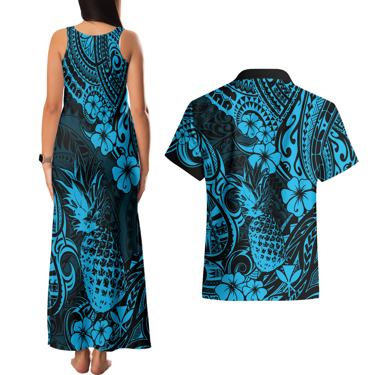 Hawaii Pineapple Couples Matching Tank Maxi Dress and Hawaiian Shirt Polynesian Pattern Sky Blue Version - Wonder Print Shop