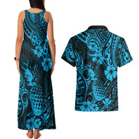 Hawaii Pineapple Couples Matching Tank Maxi Dress and Hawaiian Shirt Polynesian Pattern Sky Blue Version - Wonder Print Shop