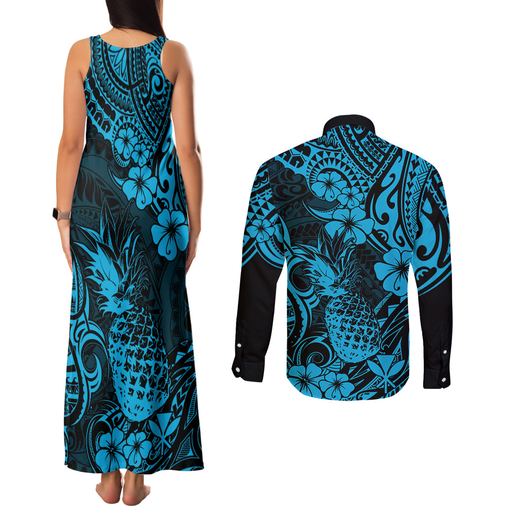 Hawaii Pineapple Couples Matching Tank Maxi Dress and Long Sleeve Button Shirts Polynesian Pattern Sky Blue Version - Wonder Print Shop